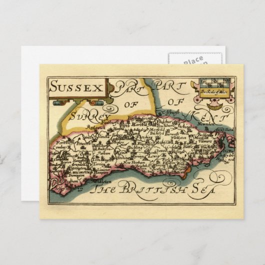 サセックス郡イングランドオールドアンティーク地図 ポストカード (正面/裏面)