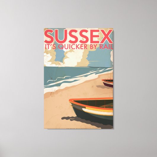 サセックス，イギリスヴィンテージ機関車旅行ポスター キャンバスプリント (正面)