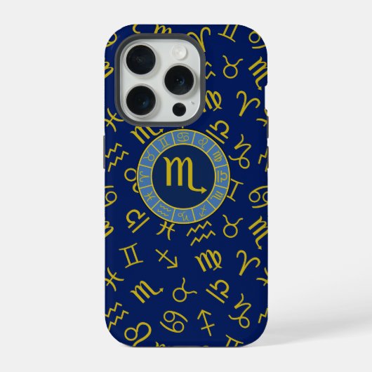 サソリ座の星座+占星術のシンボル模様 ゴールド系+ブルー系 iPhoneケース (裏面)