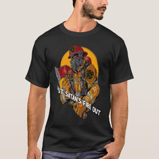 サタンを消防する消防士のパパジョーク消防士 Tシャツ (正面)