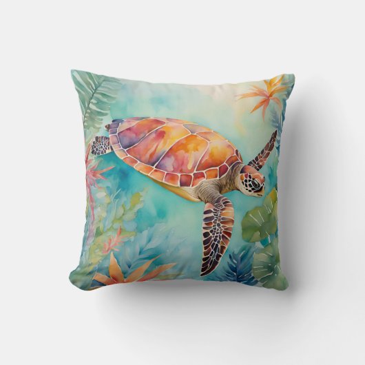 サチュルトルウォーターカラートロピカルコースト海洋生物 クッション (正面)