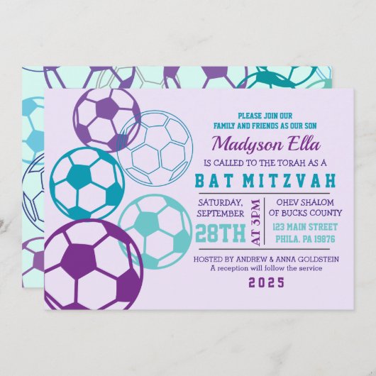 サッカクールアクアパープルバルミツワー招待状 招待状 (正面/裏面)