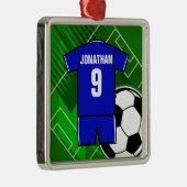 サッカパーソナライズされたージャージーブルー(白) メタルオーナメント (右)