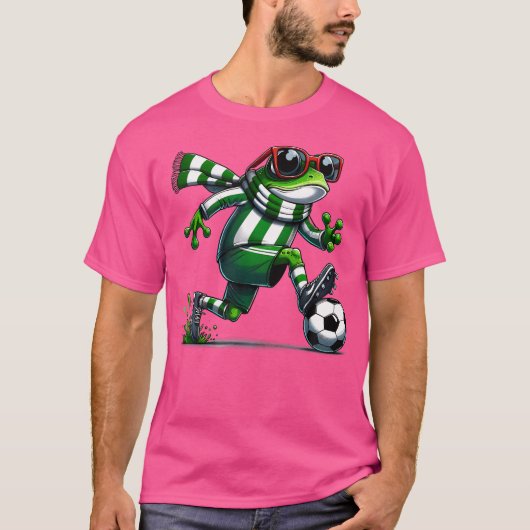 サッカーおもしろいカエル動物のカエル遊のサッカー Tシャツ (正面)
