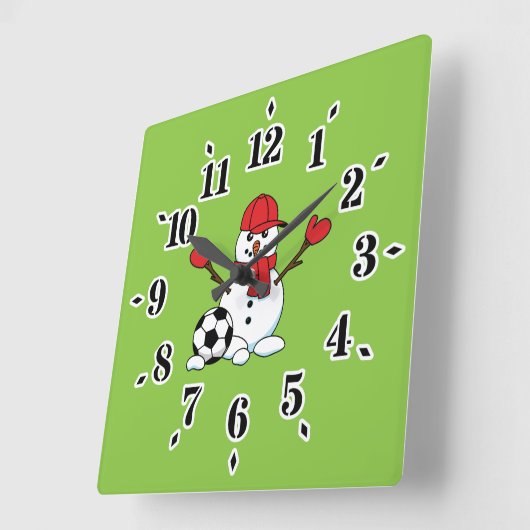 サッカーおもしろいボール付き雪だるま スクエア壁時計 (傾斜)