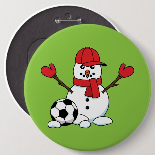 サッカーおもしろいボール付き雪だるま 缶バッジ (正面&裏面)