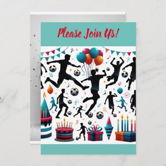 サッカーお祝い:おもしろいでパーティーをキックオフ！ 招待状 (正面/裏面)