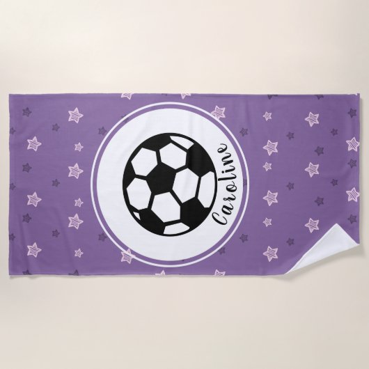 サッカーが大好きかわいいスター柄の女パーソナライズされたの子 ビーチタオル (正面)
