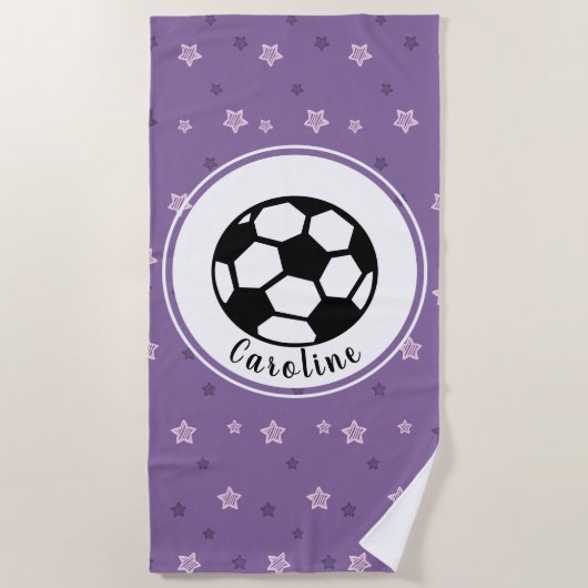 サッカーが大好きかわいいスター柄の女パーソナライズされたの子 ビーチタオル (正面)