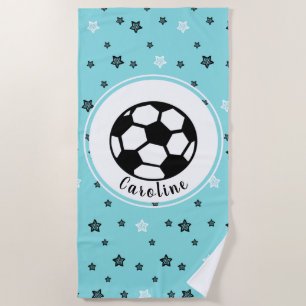サッカーが大好きかわいいスター柄の女パーソナライズされたの子 ビーチタオル