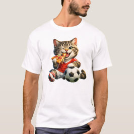 サッカーが好きな猫がピザを食べている面白いキャラクターデザイン Tシャツ