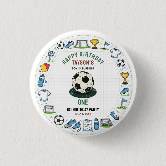 サッカーが始まるよ!1歳の誕生日おめでとう! かわいい子供たち 缶バッジ (正面)