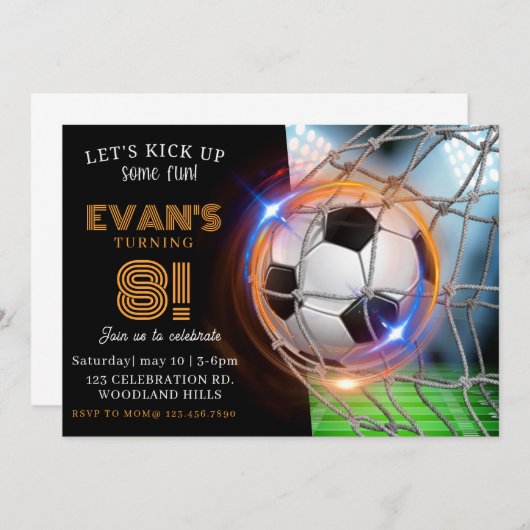 サッカーしようぜ、サッカー・パーティー、フットボール テーマ 招待状 (正面/裏面)