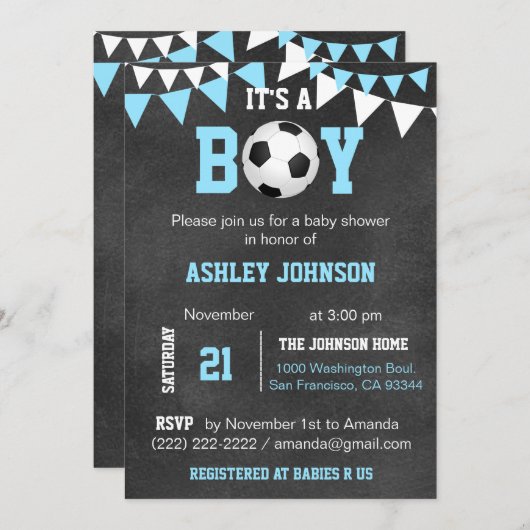 サッカーそれは男の子のベビーシャワーの黒板の警官です 招待状 (正面/裏面)