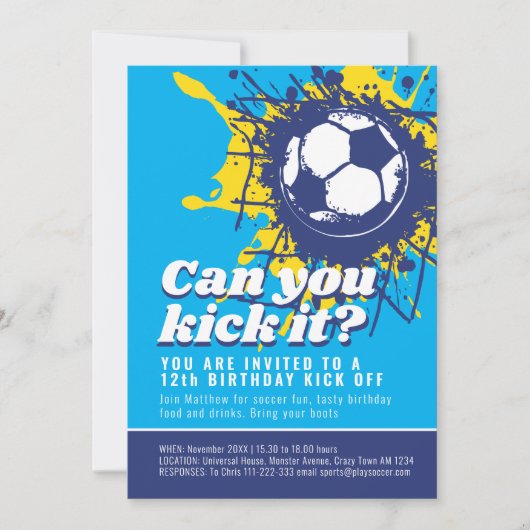 サッカーでおめでとう!12歳の誕生日パーティー 青 招待状 (正面)