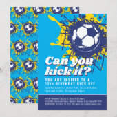 サッカーでおめでとう!12歳の誕生日パーティー 青 招待状 (正面/裏面)