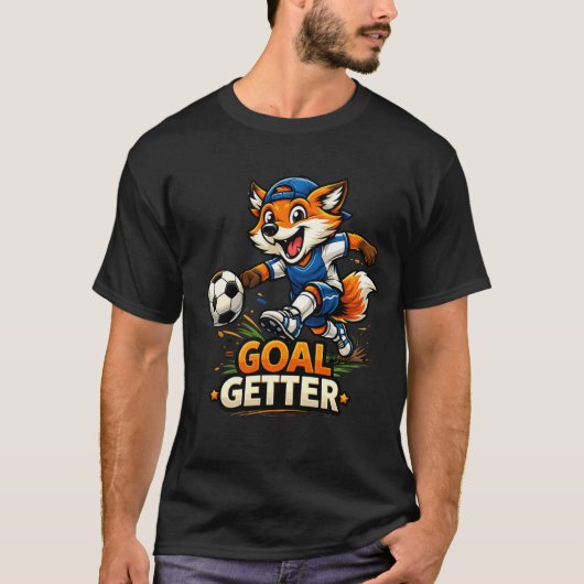 サッカーで遊ぶ面白いキツネのキャラクターデザイン Tシャツ (正面)