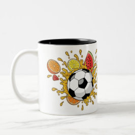 サッカーとフルーツのスプラッシュがデザインされた面白いコーヒーマグ ツートーンマグカップ