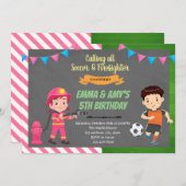 サッカーと消防士の共同パーティー招待 招待状 (正面/裏面)