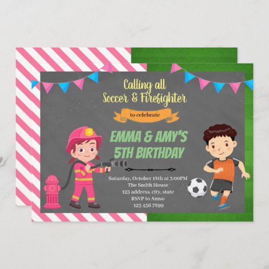 サッカーと消防士の合同パーティーへの招待 招待状 (正面/裏面)