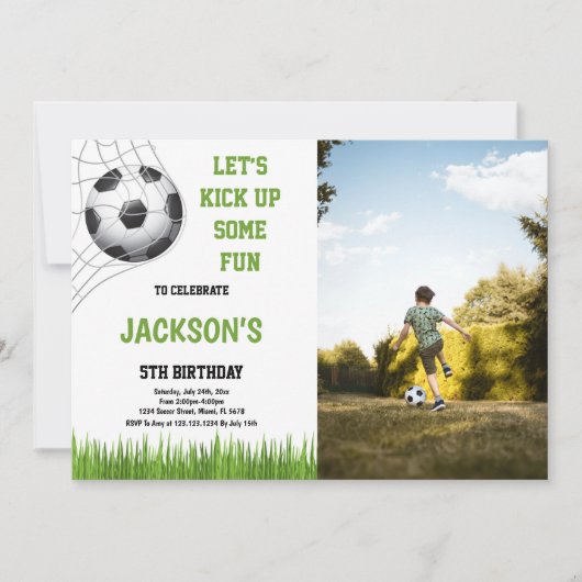 サッカーのおもしろい誕生日写真を撮ろう 招待状 (正面)