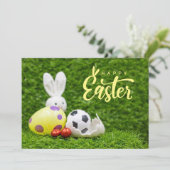 サッカーのイースターの休日のグリーティングプレーヤーとボール シーズンカード (スタンド正面)