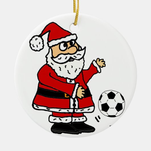 サッカーのクリスマスの漫画を遊んでいるかわいいサンタクロース セラミックオーナメント (正面)