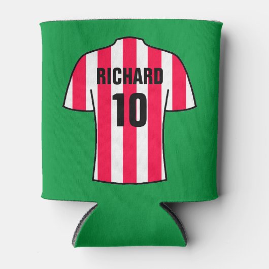 サッカーのシャ赤と白ツストライプ 缶クーラー (正面)