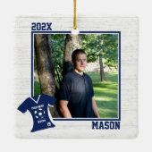 サッカーのジャージーブルーと白シャツ（写真付） セラミックオーナメント (裏面)