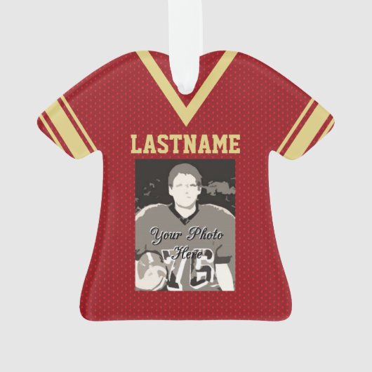 サッカーのジャージー赤い金ゴールドの制服と写真 オーナメント (裏面)