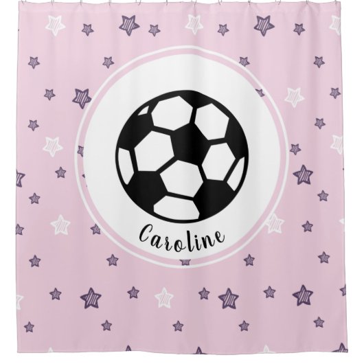 サッカーのスター女子パーソナライズされたかわいいピンクの柄 シャワーカーテン (正面)