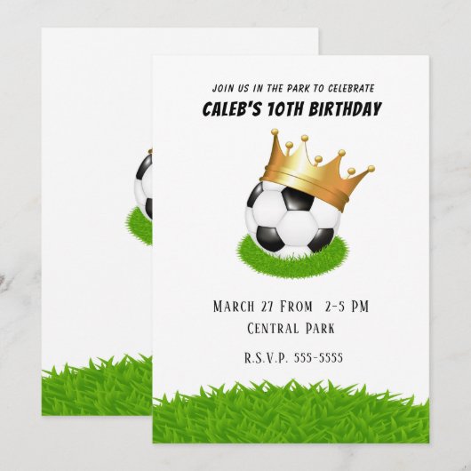 サッカーのスター王冠金のクラウン誕生日パーティー 招待状 (正面/裏面)