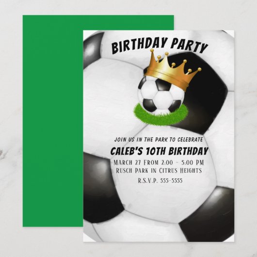 サッカーのスター ロイヤル ゴールド クラウン 男女兼用 誕生日パーティー 招待状 (正面/裏面)