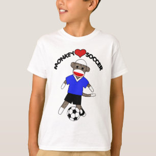 サッカーのソックス猿の(青い) -子供のTシャツ Tシャツ