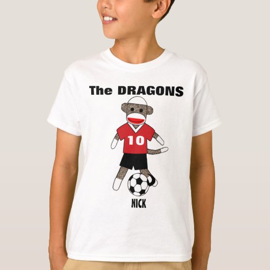 サッカーのソックス猿のTシャツ(赤い) -カスタマイズ Tシャツ (正面)