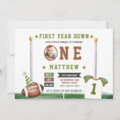 サッカーのタッチダウン写真可愛い男の子1歳の誕生日 招待状 (正面)