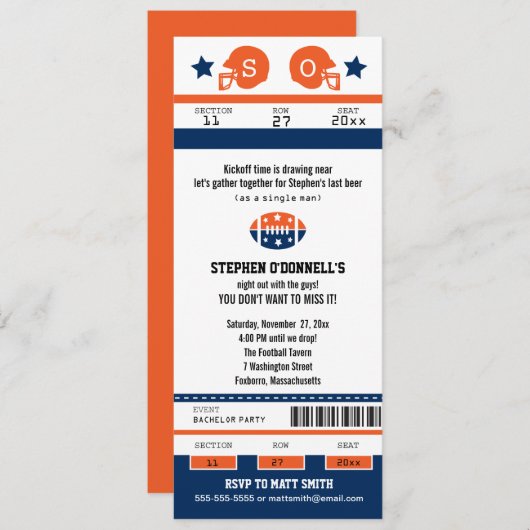 サッカーのチケットを賭けて独身最後の夜を楽しもう！ 招待状 (正面/裏面)