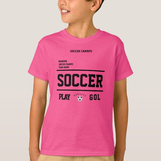 サッカーのパーソナライズされた選手チームの子供ピンク Tシャツ (正面)