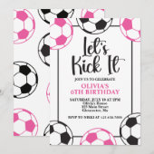 サッカーのピンクと黒の誕生日 招待状 (正面/裏面)