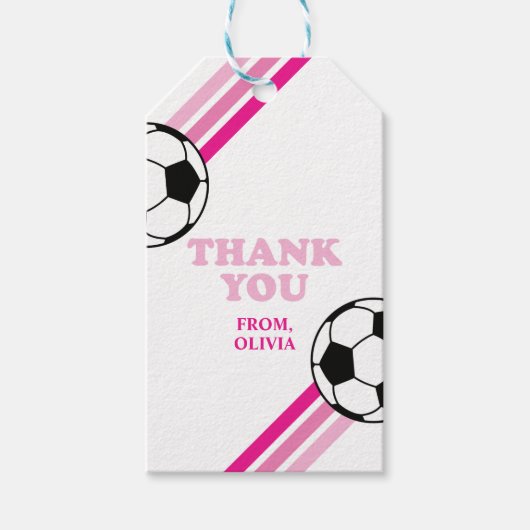 サッカーのピンクのバースデーパーティーのお礼タグ ギフトタグ (正面)