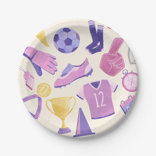 サッカーのピンクパープルゲーム ペーパープレート (正面)