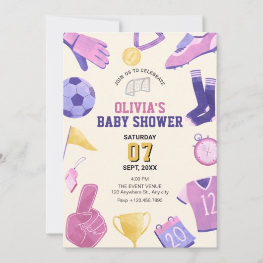 サッカーのピンク紫のゲーム赤ちゃんシャワー 招待状 (正面)