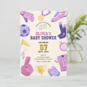 サッカーのピンク紫のゲーム赤ちゃんシャワー 招待状 (スタンド正面)