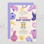 サッカーのピンク紫のゲーム赤ちゃんシャワー 招待状 (正面/裏面)