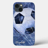 サッカーのボールがネットブルーの女の子のサッカーをデント Case-Mate iPhoneケース (裏面)