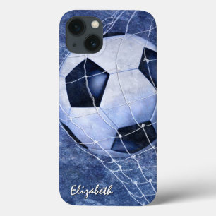 サッカーのボールがネットブルーの女の子のサッカーをデント iPhone 13ケース