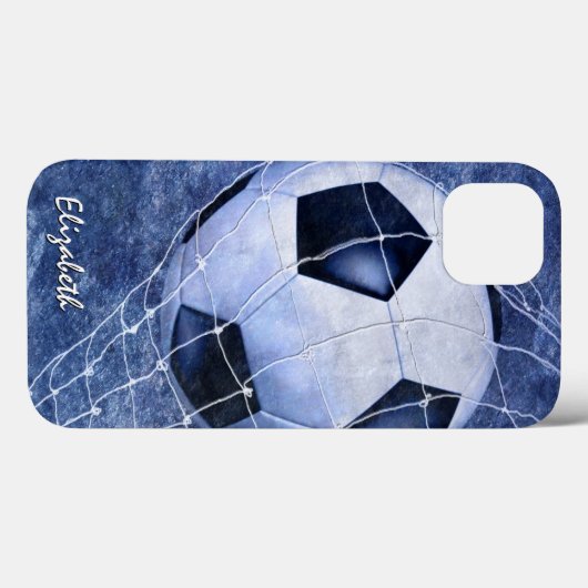 サッカーのボールがネットブルーの女の子のサッカーをデント Case-Mate iPhoneケース (裏面 (横))