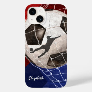 サッカーのボールがネットレッドブルーの女の子のサッカーをデント Case-Mate iPhone 14ケース