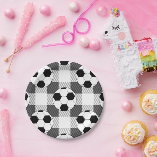 サッカーのボール格子柄の白黒とグレー ペーパープレート (パーティー)