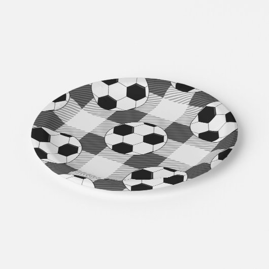 サッカーのボール格子柄の白黒とグレー ペーパープレート (アングル)